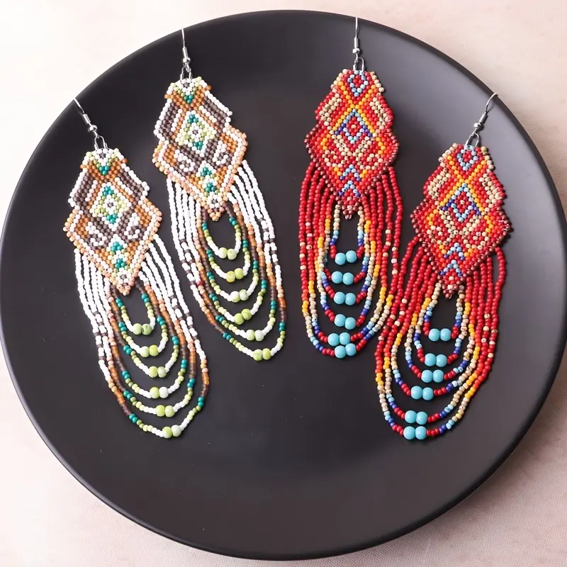 Bohemian Ethnic Acrylic Bead Detail Earrings, Handmade Glass Bead Tassel Design, All Year Brass Studs for Teenagers, Geometric Accents
