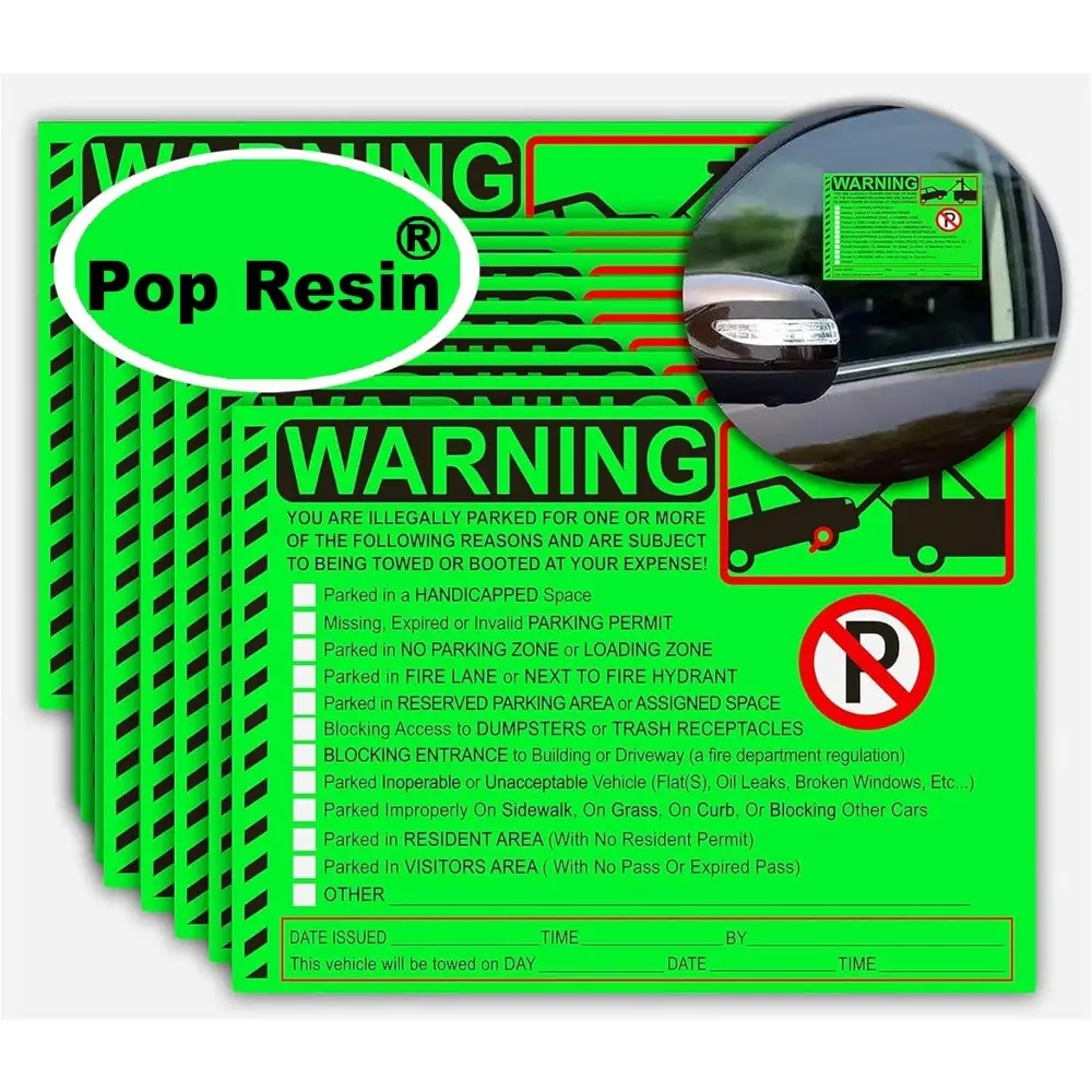 50 Pcs Green Fluorescent Parking Violation Alert Warning Labels, 5.5x7.5" Automobile Decals Sticker Deco Adhesive Message Stickers for Private Vehicle Exterior Notice