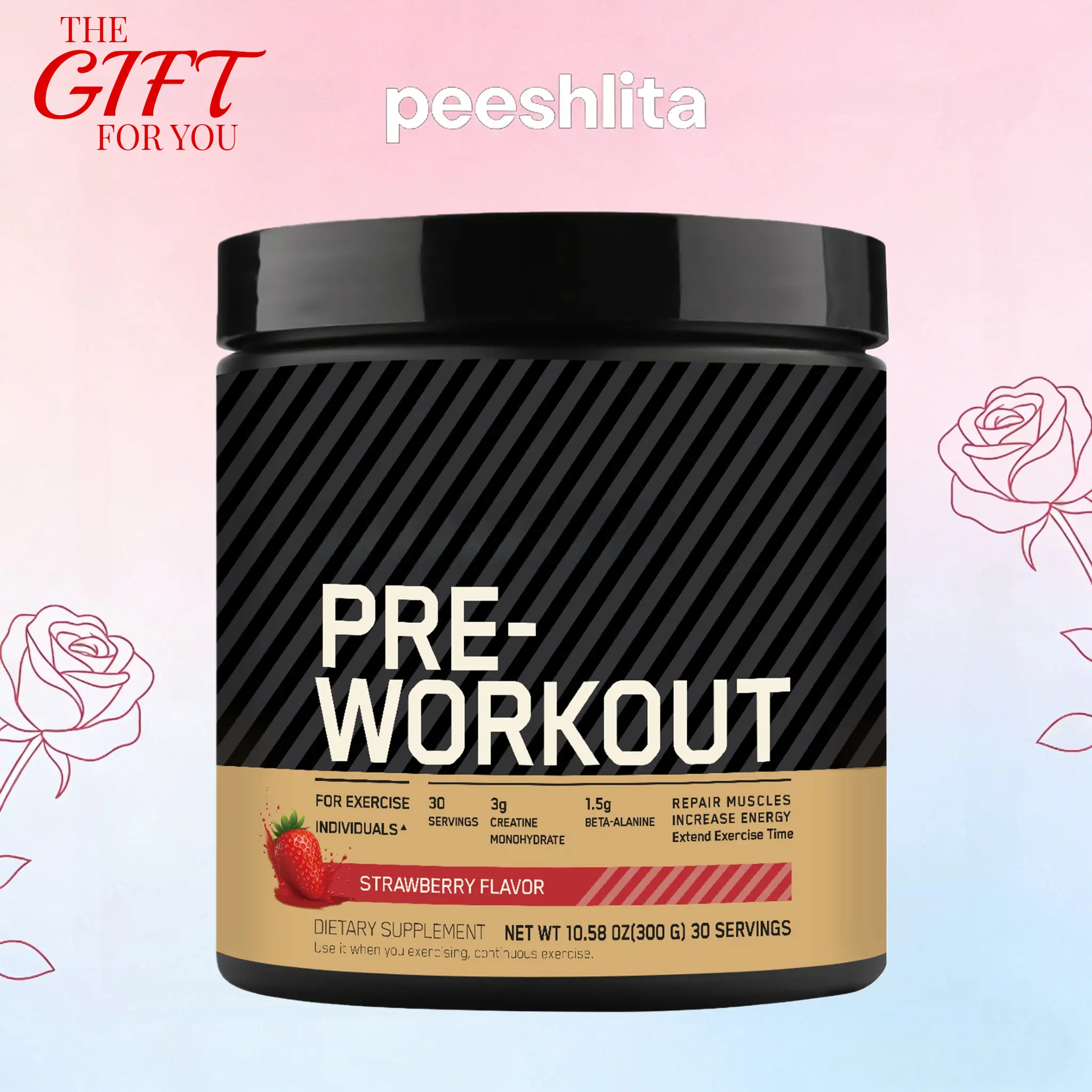 Peeshlita Pre-Workout Powder with Creatine, Beta-Alanine & Caffeine | Valentines Day Fitness Gift for Him & Her | Energy & Focus Boost | Strawberry Flavor, 30 Servings | Gluten-Free, Non-GMO Workout Supplement