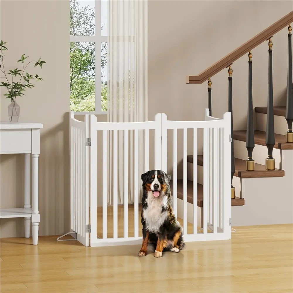 Costoffs Freestanding MDF Wood Pet Gate - 36" Height, 4 Foldable Panels, 80" Wide Fit, 24.3lb, CARB P2 Compliant, 2 Support Feet, Anti-Scratch Pads, Scratch-Free Feet, Stair & Doorway Safety