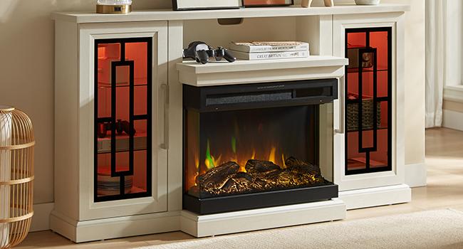 59 Inch LED TV Stand with 3-Side Glass Fireplace, Modern Media Entertainment Center Console Table for TVs up to 65 Inch with Adjustable Flame & LED Color, 24’’ Fireplace, Highboy, White