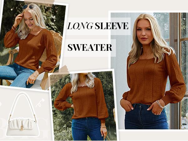 Women's Sweaters Spring 2025 Trendy Puff Sleeve Tops Casual Knit Square Neck Cute Tunic Pullover Blouses Shirts Size Runs Smal