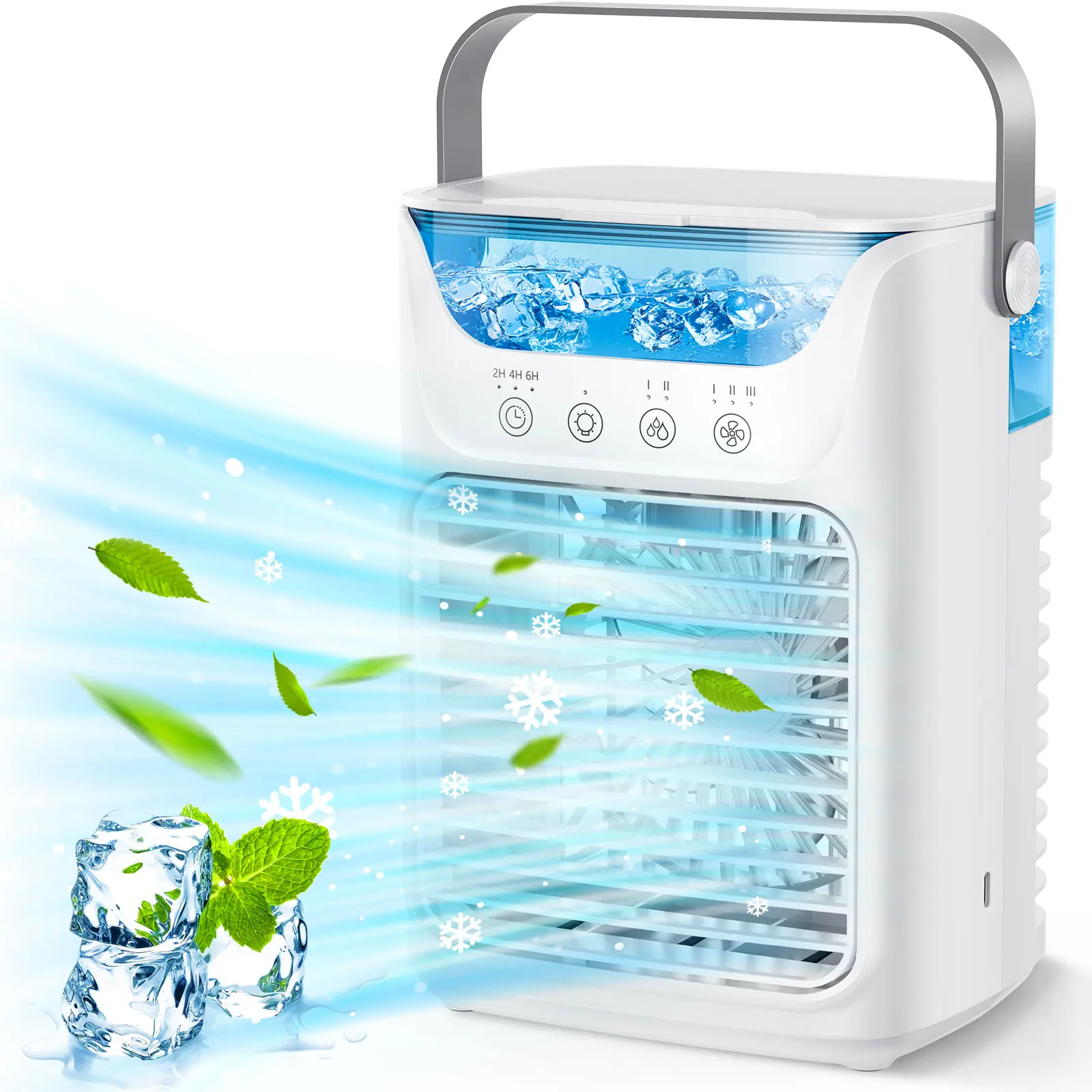 4-Inch 6-Blade Soft Portable Fan with 700ml Water Tank, PU Leather Grip Handle, 3 Adjustable Speeds, 2 Mist Output Intensities, Color-Changing RGB Night Light, 2/4/6H Timer Touch Control, Water Shortage Protection, DC 5V/2A Humidifier for Office Bedroom,