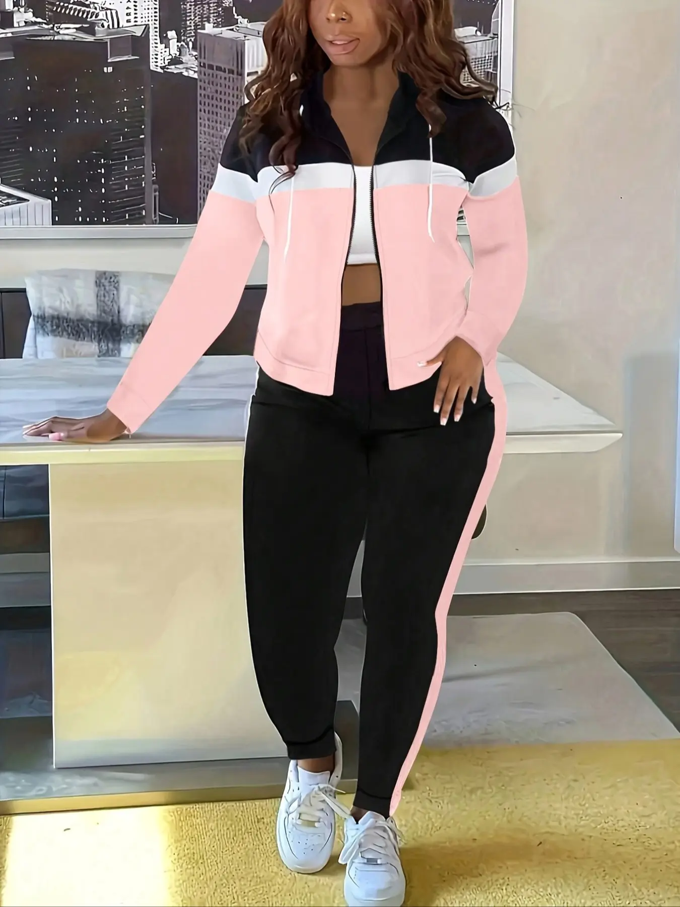 Women's Fashion Patchwork Hooded Cardigan & Pants Set, Casual Sporty Style, Athleisure Sportswear Set, Athleisure Workout Set, Athletic Fashion Activewear, Sportswear Indoor Outdoor, Regular Fit, Spring & Fall, New Arrival, Activewear Set