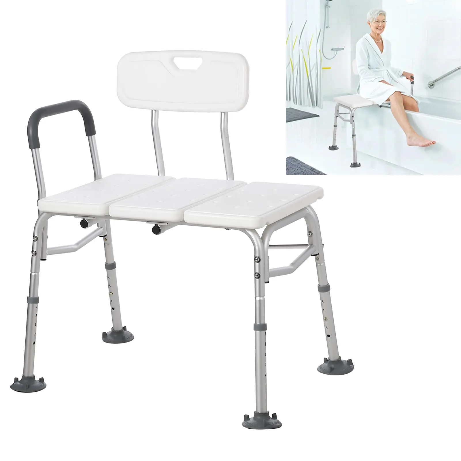 GARVEE Tub Transfer Bench For Bathtub, 300lb Compact Shower Chair with Backrest & Padded Armrest, Height Adjustable Shower Bench, Arm Support for Transfer, Shower Seat W.Suction Cups for Elderly, Disabled