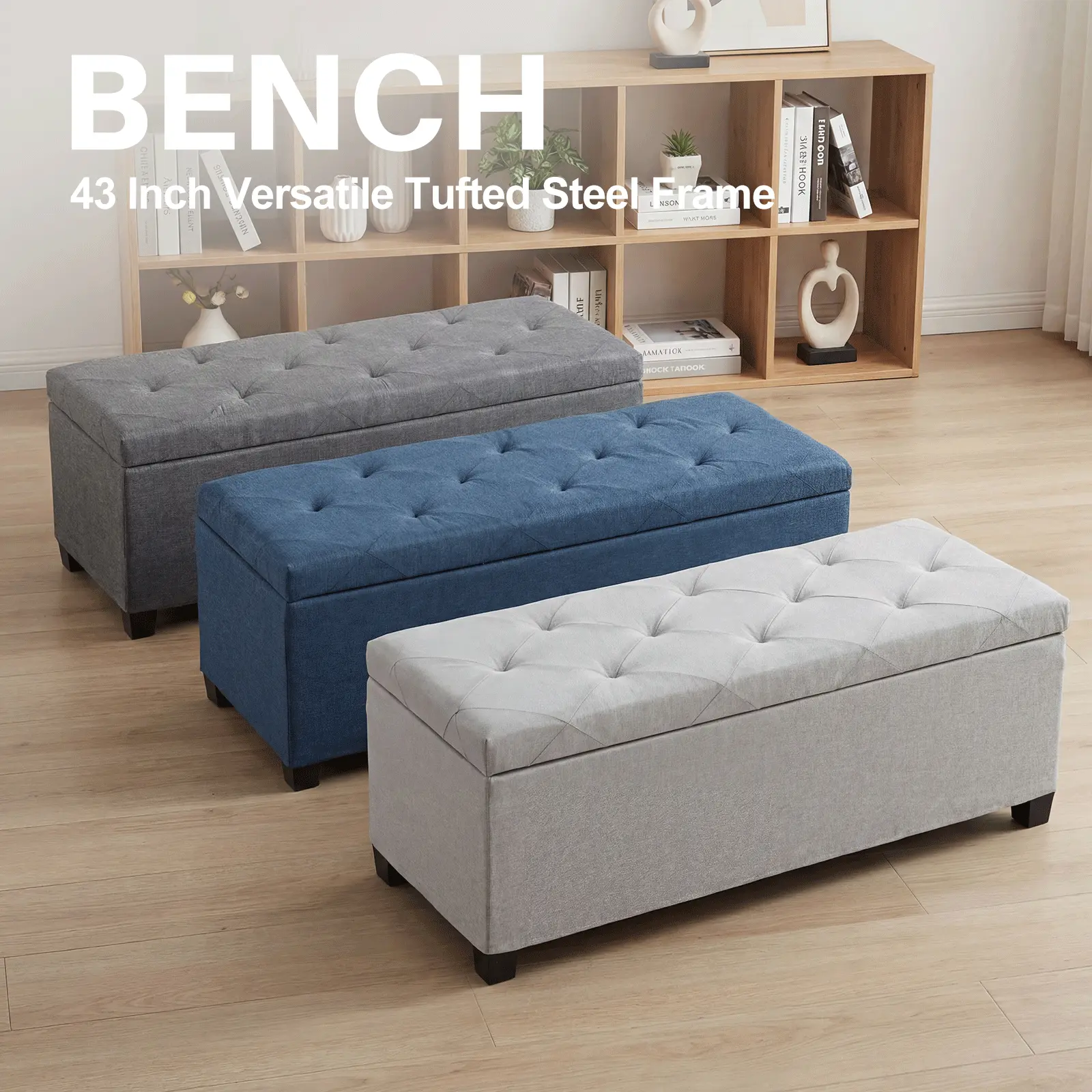Versatile Tufted Storage Ottoman Bench Upholstered End of Bed Chest Foot Rest with Sturdy Legs Ample Storage Capacity for Living Room Bedroom Hallway