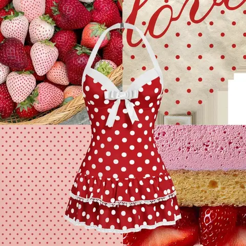 RETRO STAGE Women's 1940s Retro Bow 1-Piece Swimsuits - Red Halter Neck Polka Dot Double Strap Strappy Slim-Fit Vintage Chic Swimdress, Summer Beach Wear