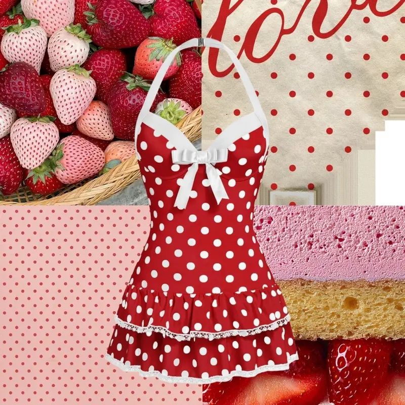 RETRO STAGE Women's 1940s Retro Bow 1-Piece Swimsuits - Red Halter Neck Polka Dot Double Strap Strappy Slim-Fit Vintage Chic Swimdress, Summer Beach Wear