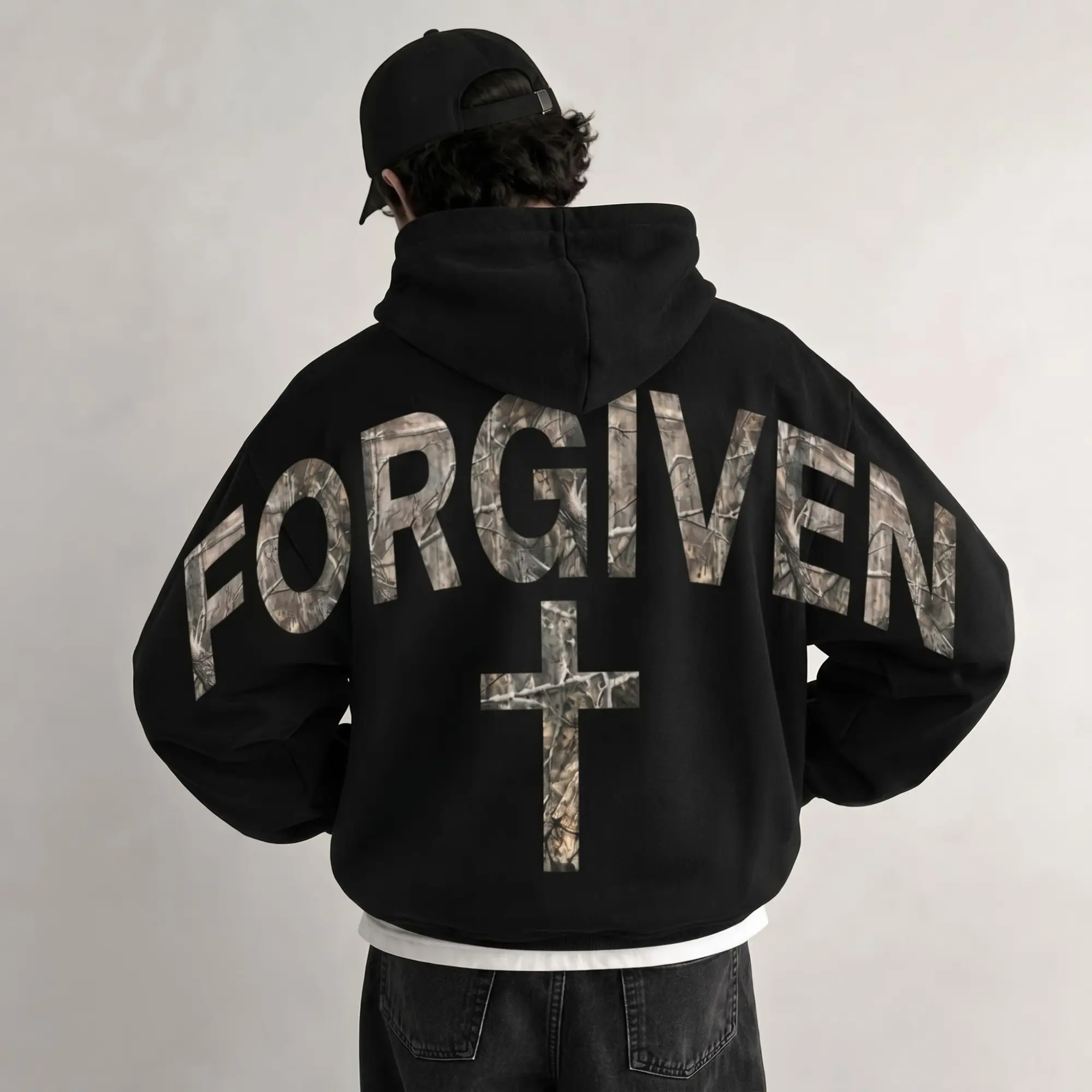 Forgiven Hoodie, Christian Cross Graphic Pullover, Mens Religious Faith Streetwear Sweatshirt