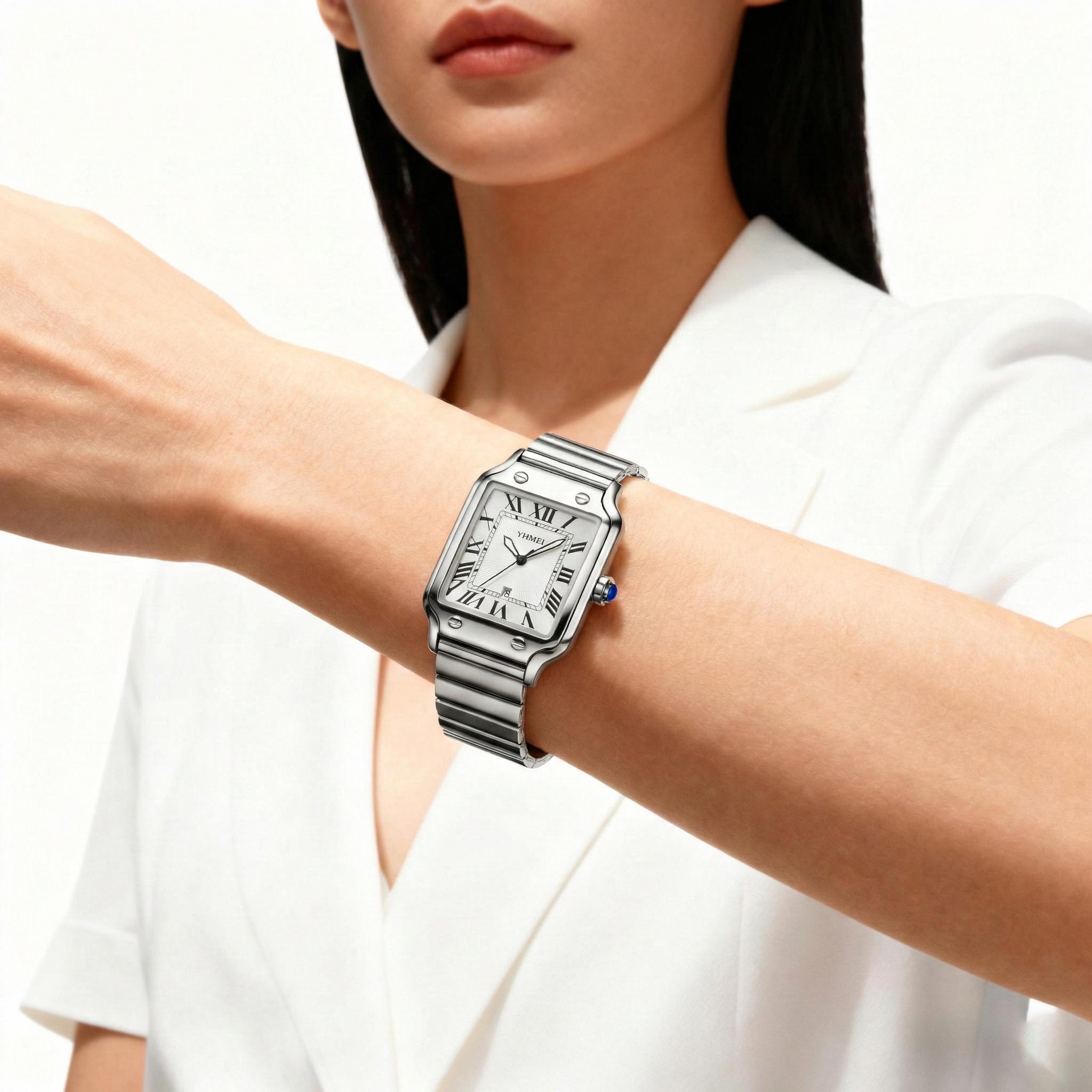 Classic Square Silver Watch for Men Women Unisex - Roman Numeral Analog Quartz Waterproof - Stainless Steel Date Wristwatch - Old Money Aesthetic Style - Best Couples Gift for Him Her Birthday Valentine