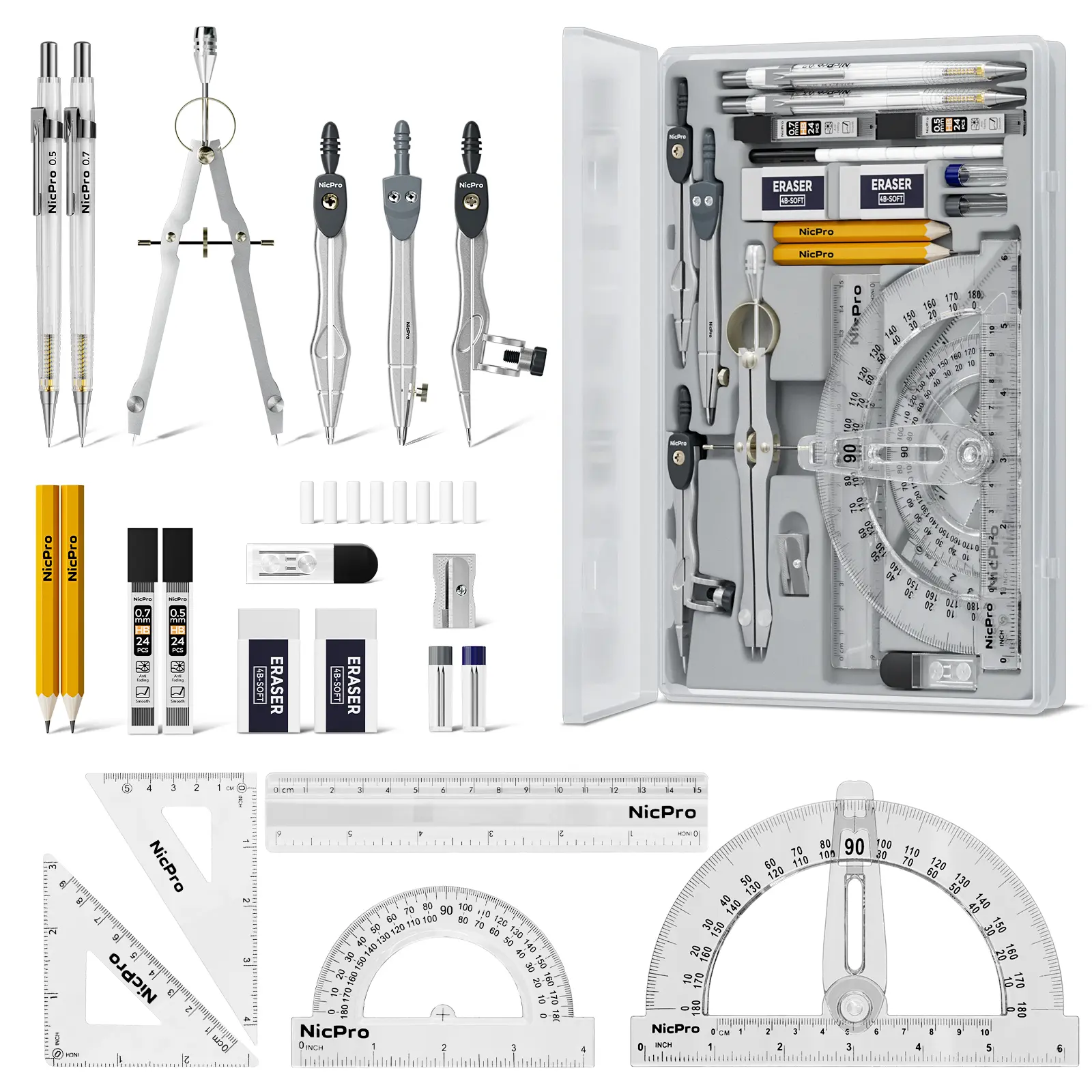 Nicpro 22-Piece Compact Portable Measuring Marking Tool Set with Case - 6in Rulers (Inch/cm Scales), Adjustable Arm Swing-Arm Protractor, High-Quality Metal Compasses, Square Set, Mechanical Pencil for Classroom Use, Drawing Tasks, On-the-Go Study