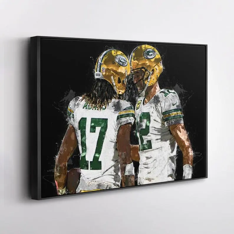 Aaron Rodgers & Davante Adams Green Bay Packers Canvas Print – NFL Wall Art, Framed Football Poster, Gift for Packers Fans
