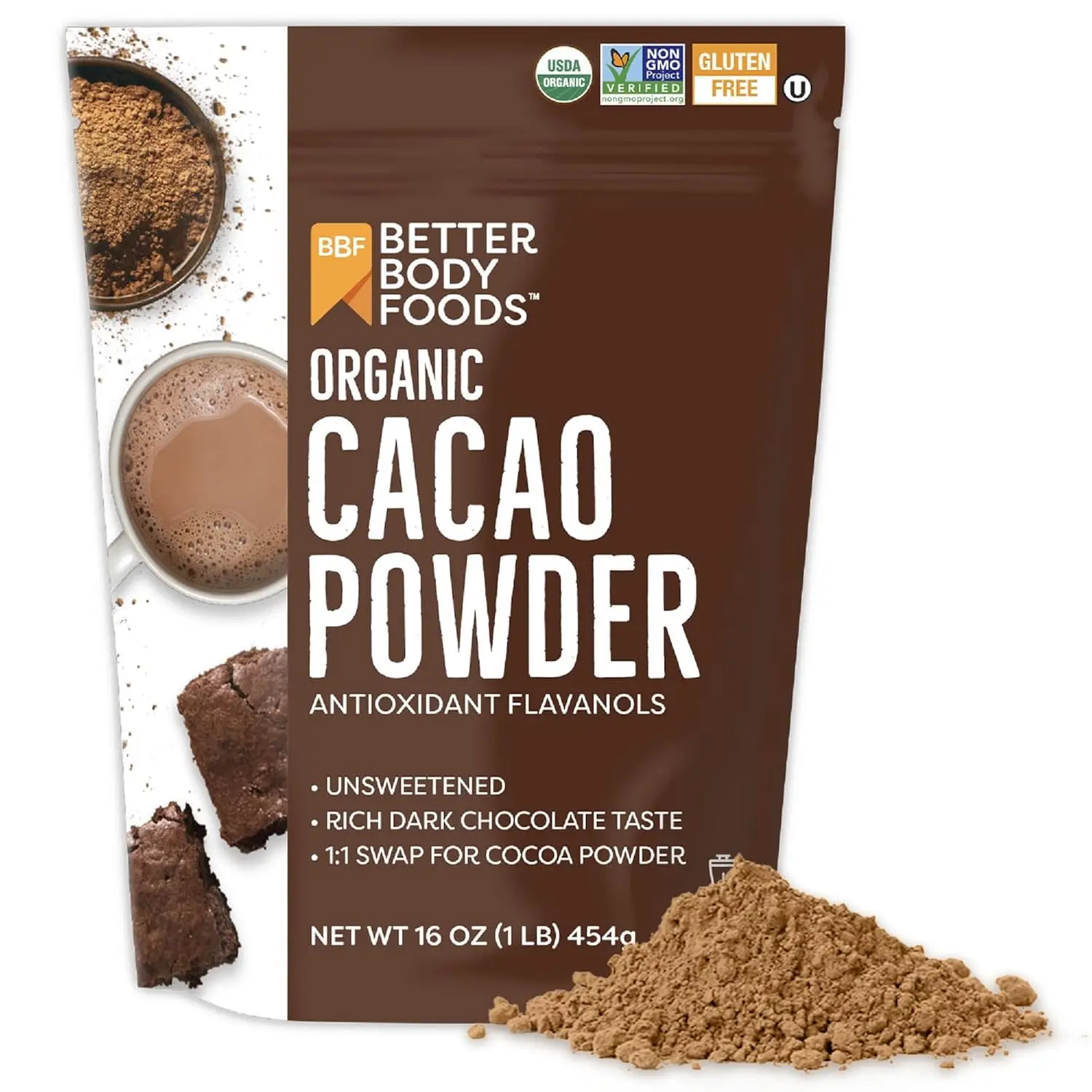 BetterBody Foods Certified Org Organic Cacao Powder - Rich Chocolate Flavor, Antioxidant-Rich, Non-GMO, Gluten-Free, Natural Ingredients, 16oz (1lb) Bag, Hot Cocoa Compatible, Versatile Usage, Suitable for All Ages