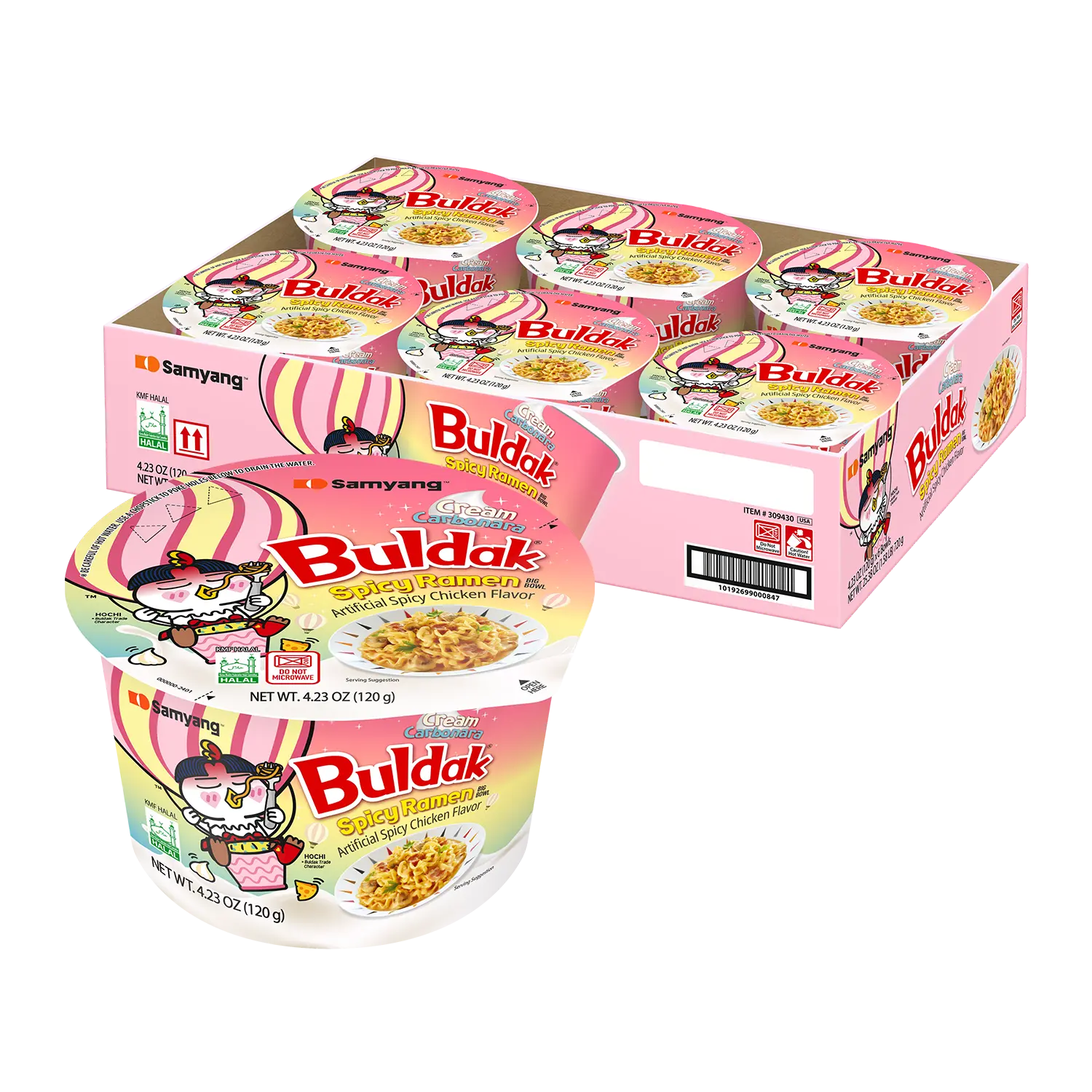 Buldak Pack of 6 Cream Carbonara Hot Chicken Spicy Flavor Korean Instant Ramen Noodle Big Bowl Easy Prep Convenient