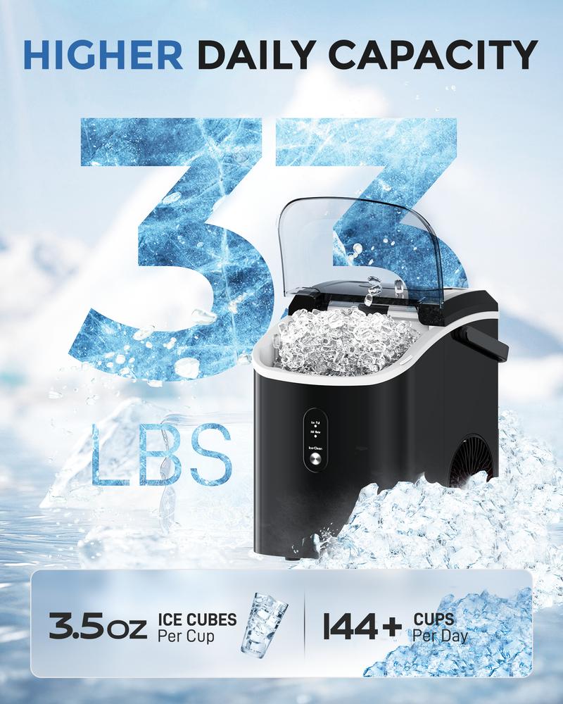 ecozy Countertop Sonic Nugget Ice Maker Chewable Ice Cubes 33 lbs Daily Output Self-Cleaning Stainless Steel for Party Kitchen Bar Black Friday Deal