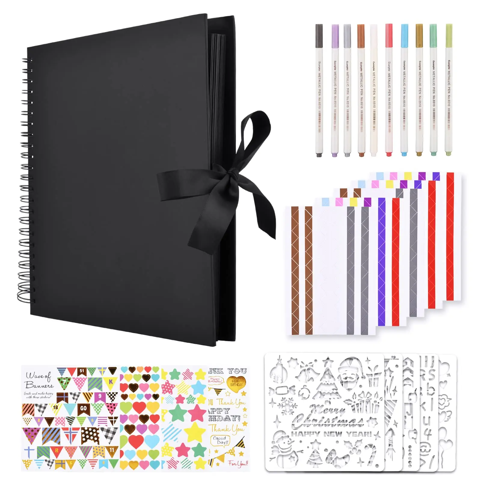 1 Set 80 Pages Craft Paper Photo Album with 10 Metallic Markers,12 x 12 Inch Scrapbook Album for Wedding and Anniversary,Family DIY Photo Album with Scrapbooking Stickers Corners,Hand Tools Kits