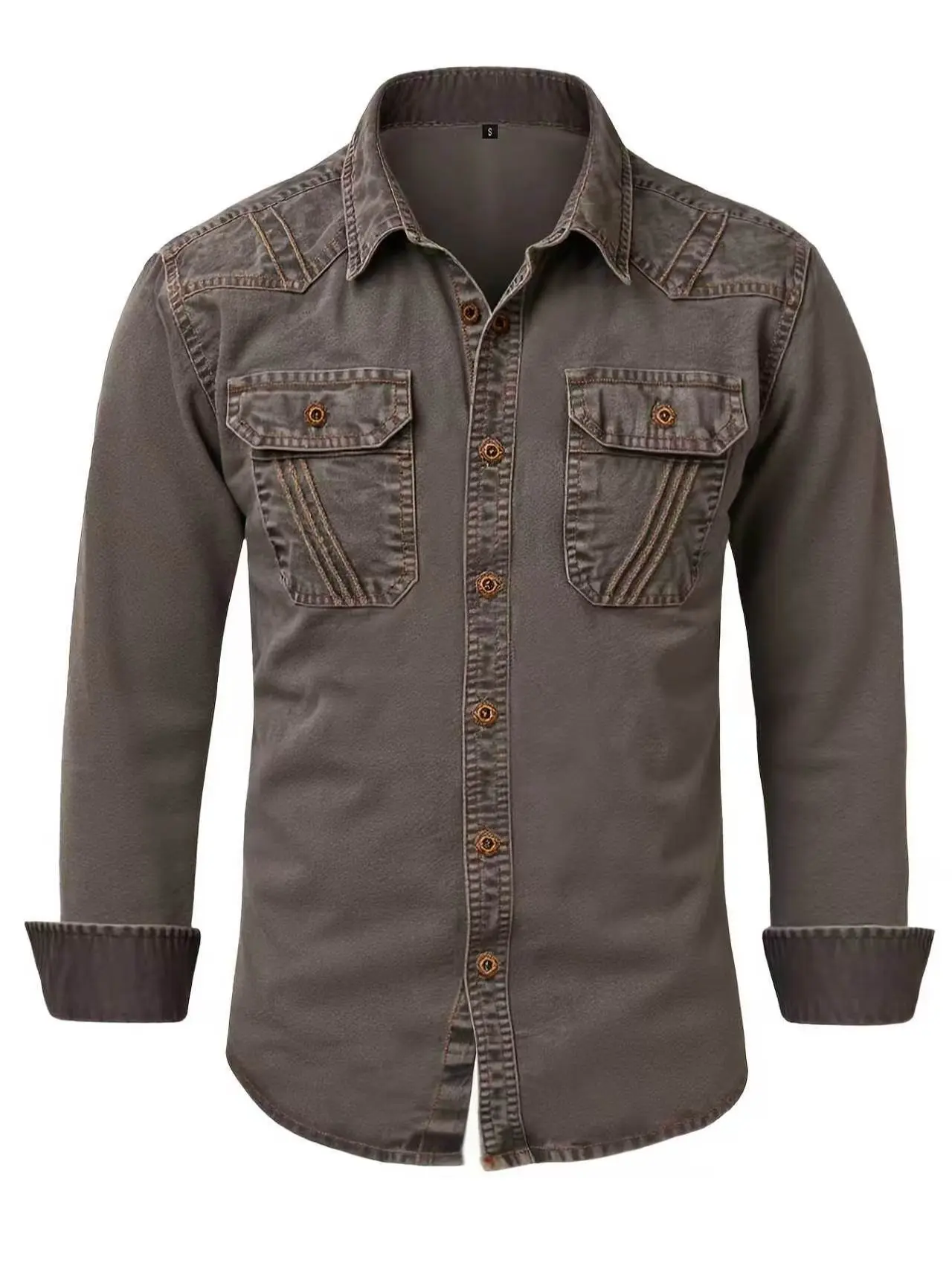 Men’s vintage washed long-sleeve denim shirts, western casual button-down shirts with dual chest pockets, slim-fit workwear jean shirts for outdoor everyday wear Menswear Tops