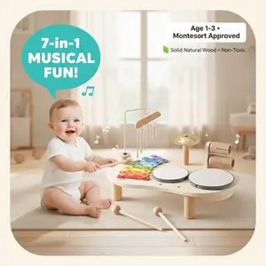 Wooden Baby Drum Set & Piano Toy for Toddlers 1-3, 7-in-1 Montessori Musical Instruments for Kids, Educational Music Station, Birthday Gifts for Boys Girls Age 3+