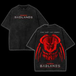 Predator Badlands 2025 Movie Graphic Tee Sci-Fi Action Horror Film Yautja Hunter Oversized Vintage Washed Cotton T-Shirt Streetwear Unisex Casual Fashion Gift for Predator Fans