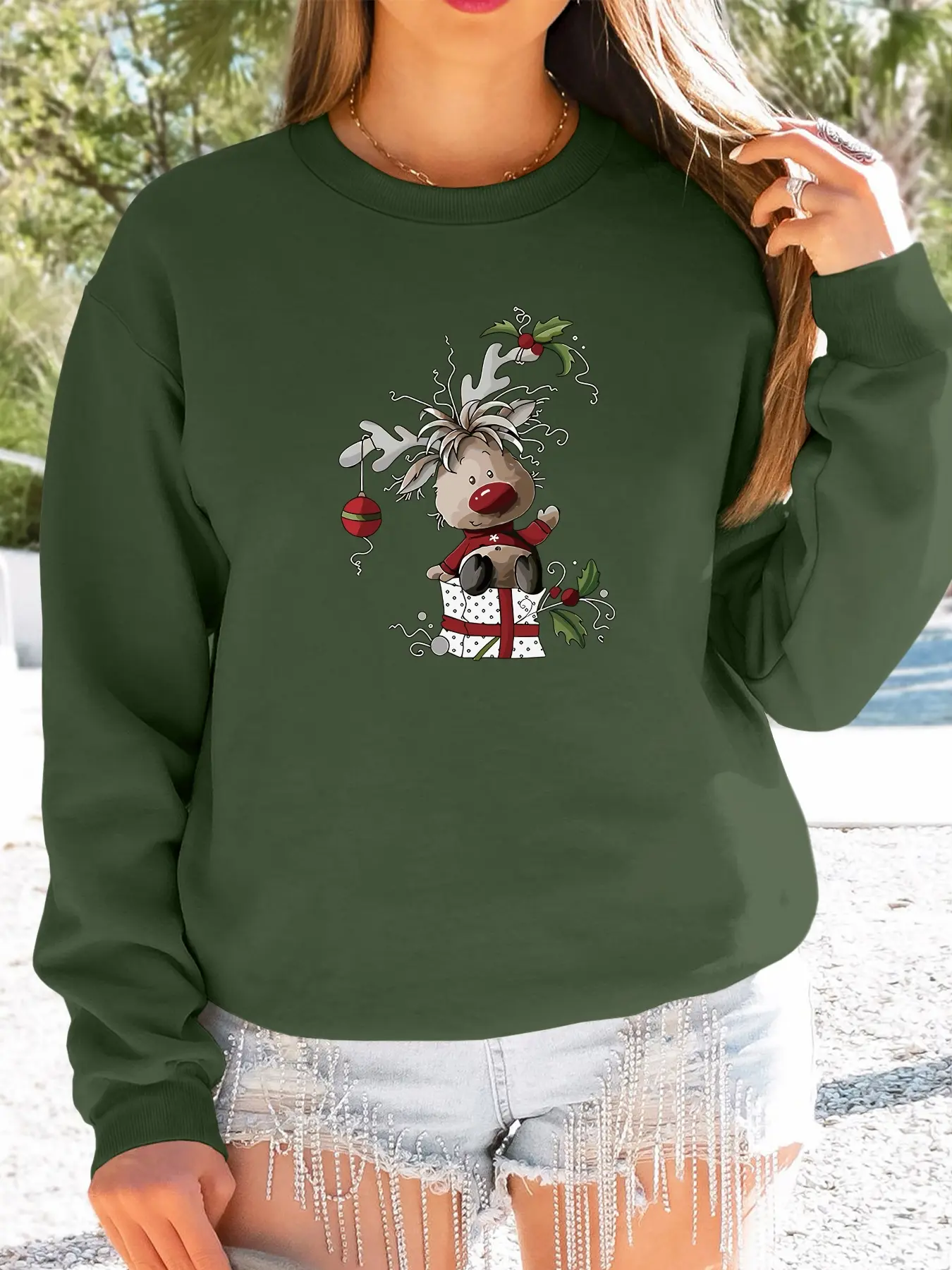 Women's Christmas Cartoon Reindeer Print Long Sleeve Round Neck Pullover Sweater, Casual Fall & Winter Fitted Knitwear, 7 Colors Available