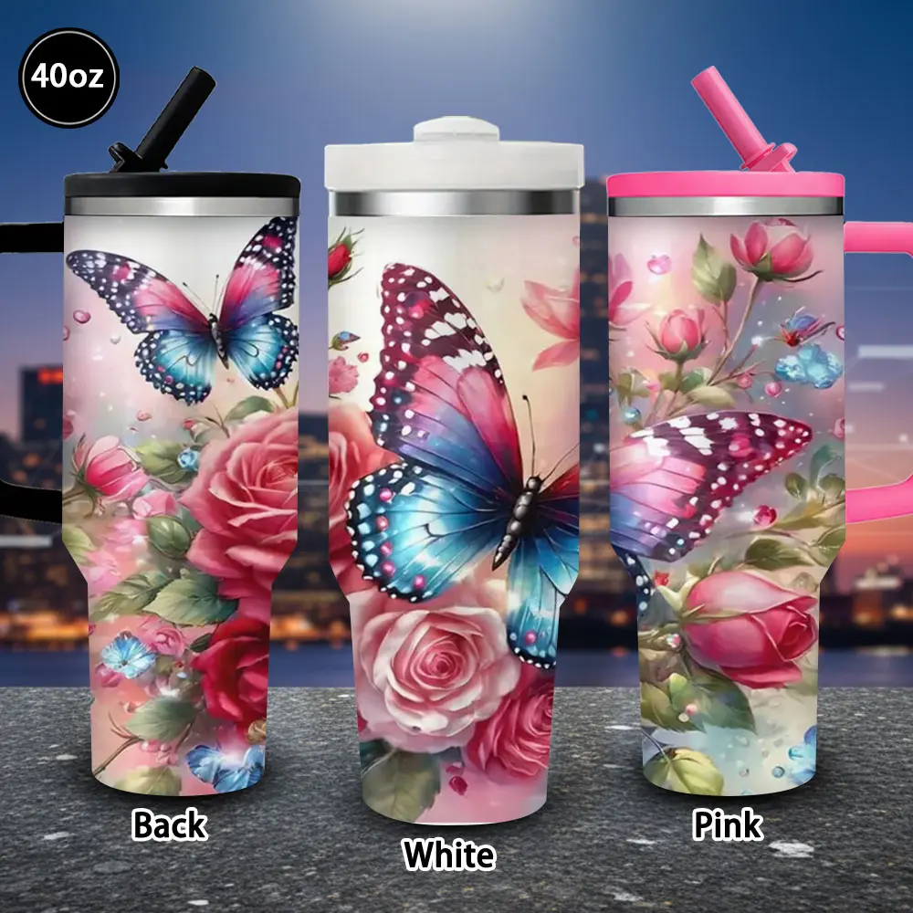 40oz Floral-Butterfly Vacuum Flask Tumbler with Lid+Straw, Portable Drinkware Bottles with Easy Sip Design, Gift-Ready Art Insulated Office Coffee Cup for Women, Ideal Valentine's Day Birthday Present