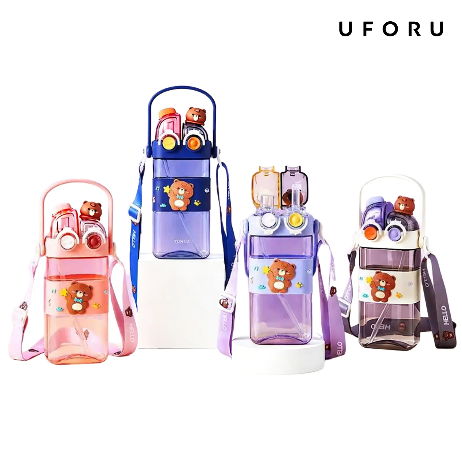 UFORU Kids' Colorful Water Bottle with Straw, Lid & Lanyard - 19oz Wide Mouth Washable Reusable Portable Bathroom Tumbler for Back to School Shopping, Gifts, Boys, Lanyard Hands‑Free