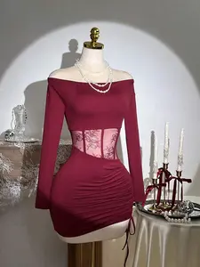 Elamini Women's Lace Patchwork Drawstring Tie Waist Bodycon Mini Dress, Office/Party, Wine Red, Christmas Wine Red Dress
