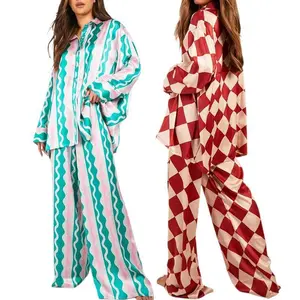 Women Checkerboard Print Loungewear Set Long Sleeve Lapel Button Down Shirt Tops Long Pants Oversized Sleepwear