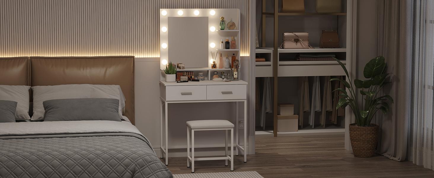Lifewit Vanity Desk Set with Mirror and Lights, White Makeup Table with 2 Drawers & Chair 3 Adjustable Brightness Wooden Top Iron Frame Mothers Day Gifts