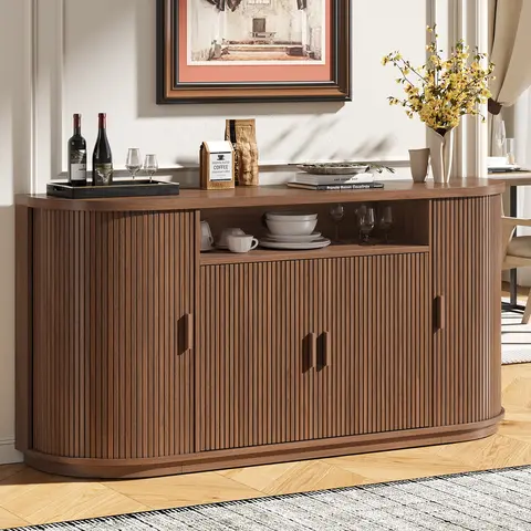 【Black Friday】ONBRILL 63" Mid Century Modern Fluted Sturdy Sideboard Buffet Cabinet - Home Decor Storage Furniture with Sliding Doors, Drawers, Adjustable Shelves for Kitchen, Living Room