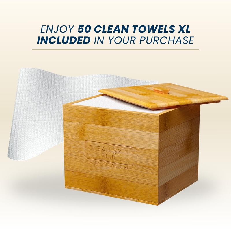 Clean Skin Club Luxe Bamboo container with Cover, includes 50 Clean Towels® XL Original disposable face towels