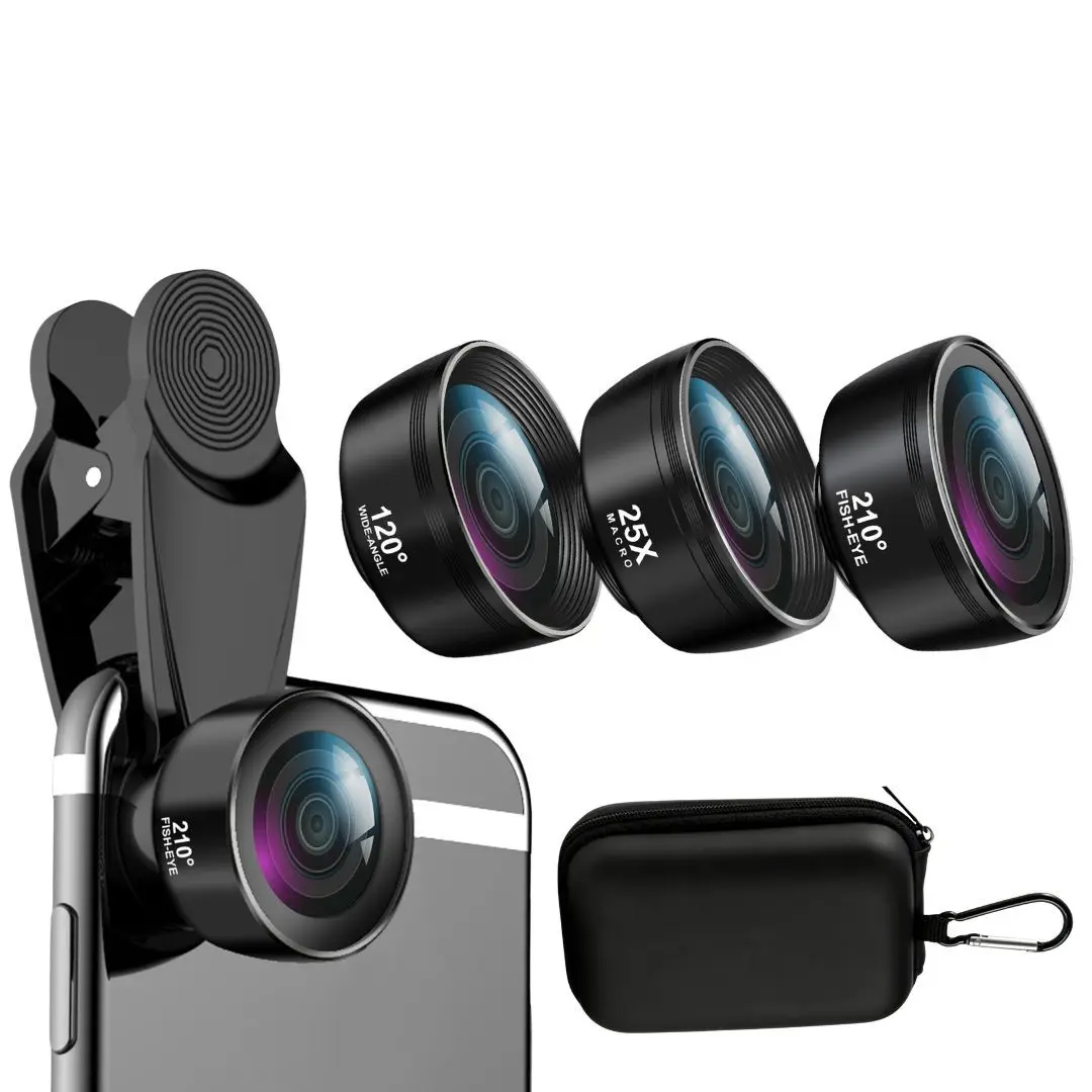 3-in-1 Smartphone Lens Kit - 210 Fisheye, 120 Wide-Angle, 25X Macro for Stunning Photography - Compatible with iPhone/Android/Cellphone and Tablet Christmas Present, Mobile Phone Lens, Iphone Camera Accessories, Smartphone Lens Attachment