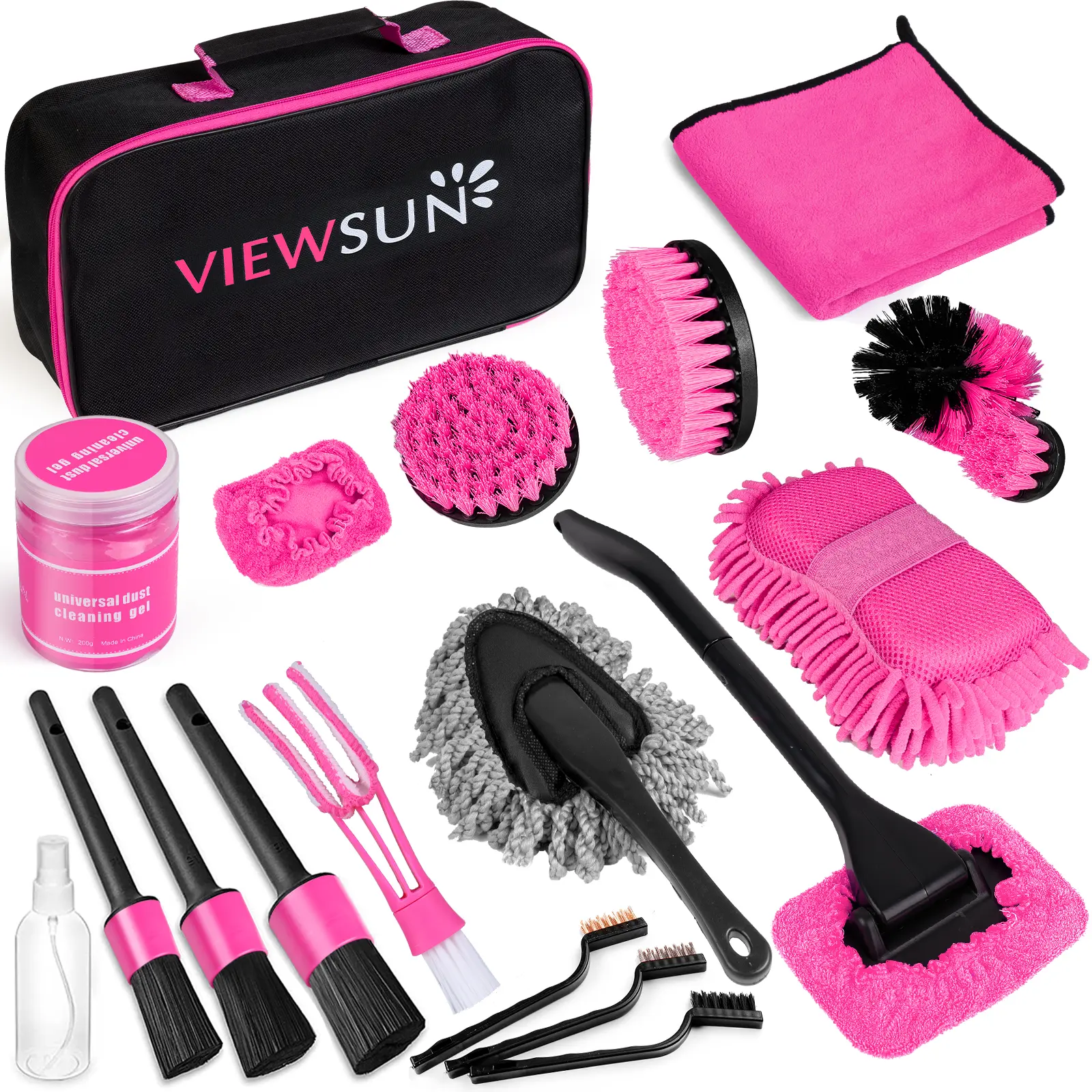 【TikTokShopBackToSchool】Viewsun 20PCS Car Cleaning Kit, Pink Car Interior Detailing Kit with Drill Brush Set, Windshield Cleaning Tool, Detailing Brushes, Wire Brushes, Cleaning Gel, Complete Car Cleaning Supplies for Women，Summervibes