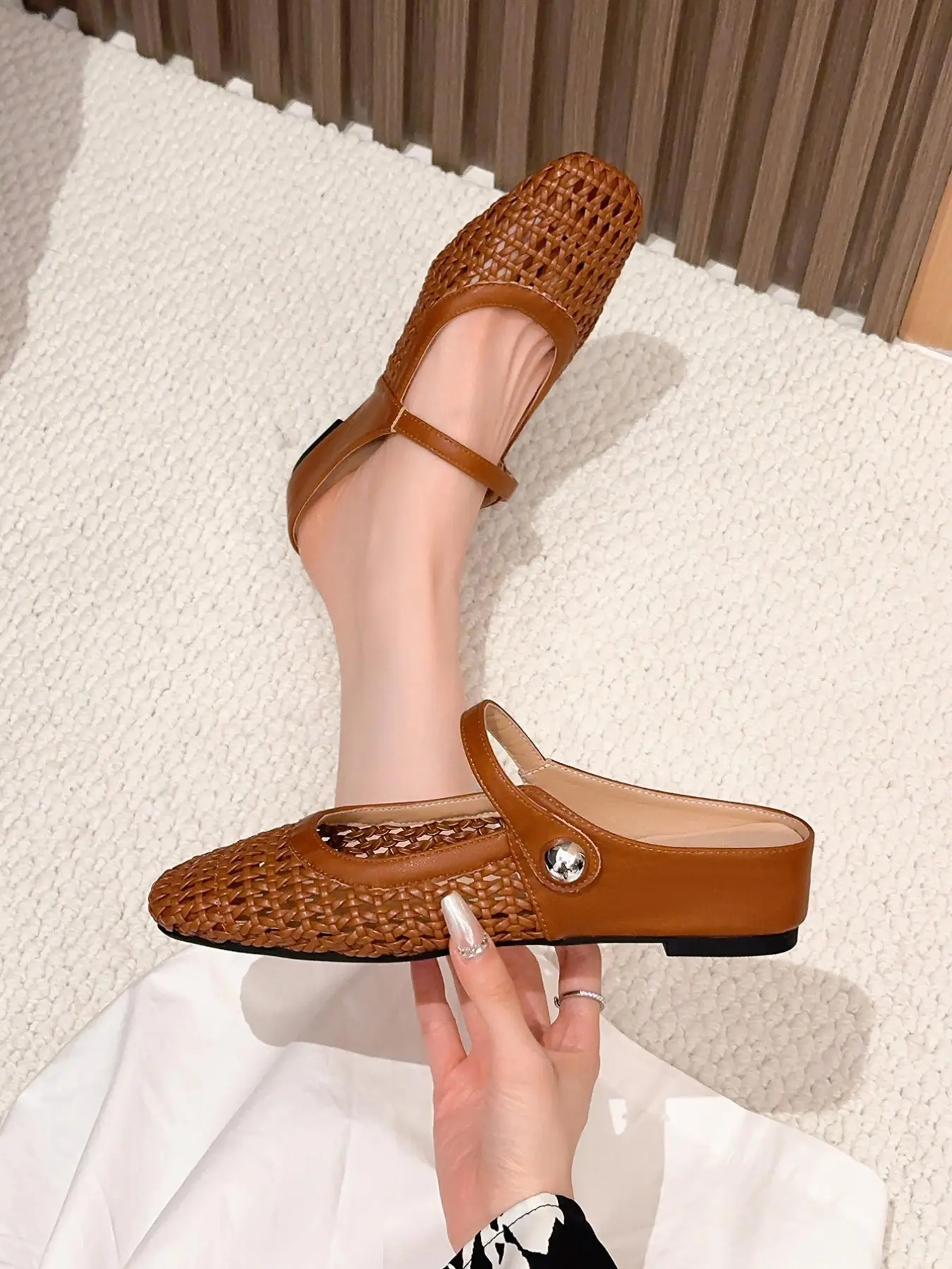 Unique Square Toe Strap Women's Shoes, Casual Fashion Braided Hollow Out Commuter Invisible Inner Heel 4cm Flat Single Shoe