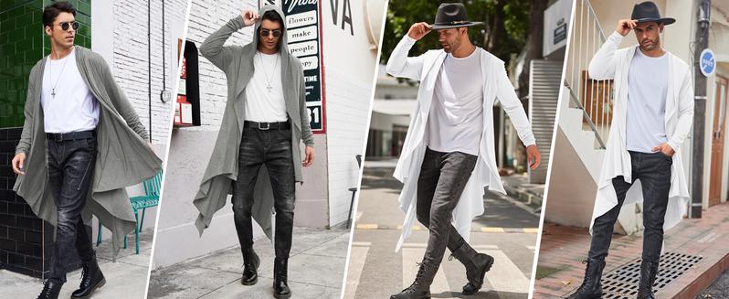 COOFANDY Fall Outfits Men's Black Long Hooded Cardigan Ruffle Shawl Collar Open Front Lightweight Drape Cape with Side Pockets Casual Elastic Workwear 3/4 Length