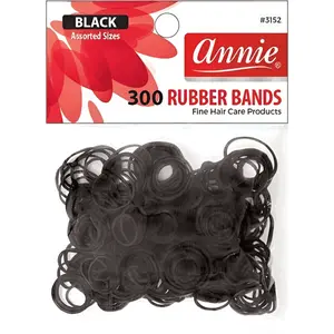Annie 3152 Black Rubber Hair Bands 300 Count, Strong Elastic Hair Ties for Ponytails & Braids, Durable Hair Styling Bands