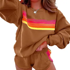 2 Piece Lounge Sets for Women Spring Rainbow Striped Long Sleeve Casual Sweatshirt Shorts Matching Sweatsuits Outfits, Color-Contrast Ribbon Set
