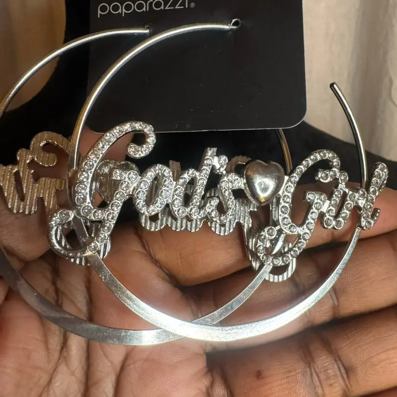 Paparazzi God's Girl Earrings with Rhinestone Script and Heart Charm Silver Hoop Earrings for Women