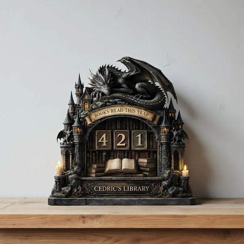 Custom Books Read This Year Tracker, Wooden Dragon & Books Library Sign, Fantasy Book Counter, Personalized Gift for Readers