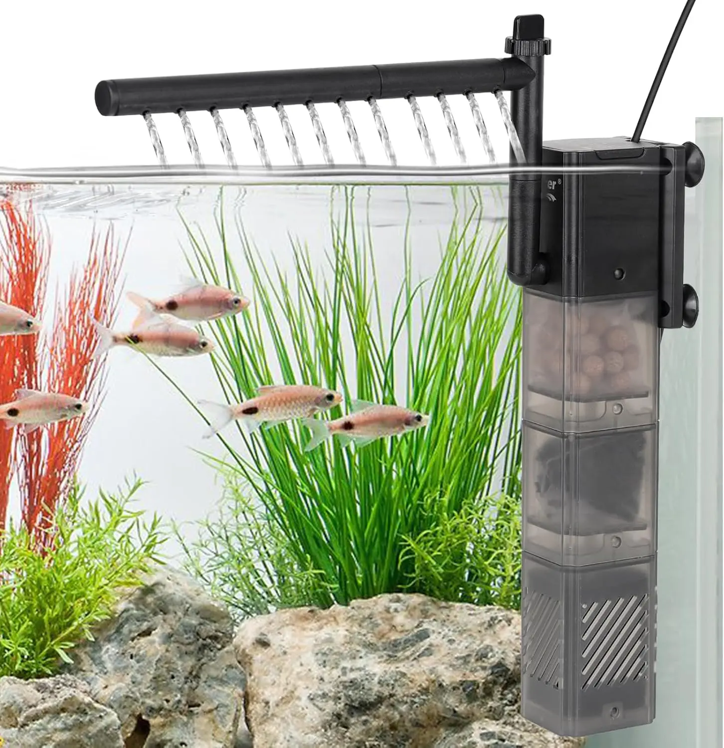 hygger  aquarium filter  5 in 1 Multiple Function Power Quiet  Fish Tank Filter with Rainfall Aeration 3-Stages Filtration Adjustable Submersible Internal   and  Water changer  Fish Filter for 2 to 45 Gallon fish tank,back to school