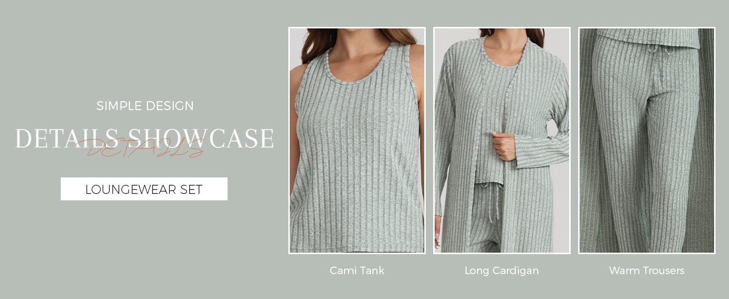 VRcomfy Women's 3 Piece Loungewear Set Knit Long-Sleeve Cardigan Cropped Top Loungewear Set