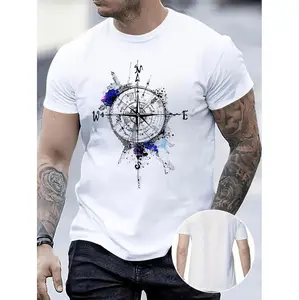 Men Compass Print Crew Neck Tee Breathable Polyester Casual Streetwear Short Sleeve Top Perfect For Spring Summer Vacation Unique Gift Idea Modern Comfort Wear