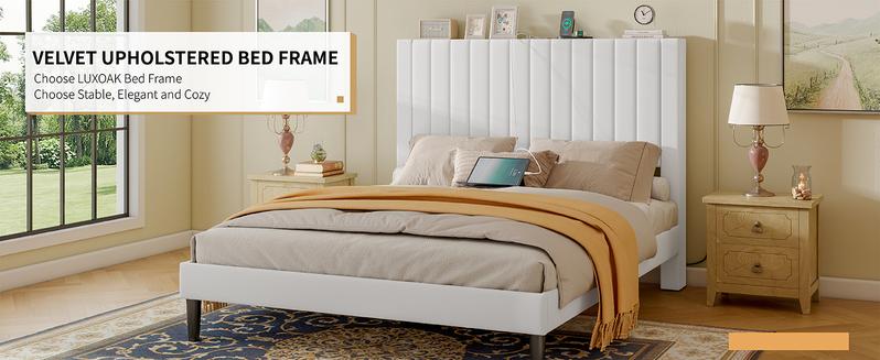 AMERLIFE Bed Frame Velvet Upholstered Tufted Headboard with Charging Station, Mattress Foundation, Box Spring Optional