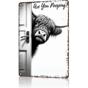 Vintage Highland Cow Aluminum Sign: Funny "Are You Pooping?" Black and White Bathroom Wall Decor for Western & Highland Cow Lovers 8 x 12 Inch
