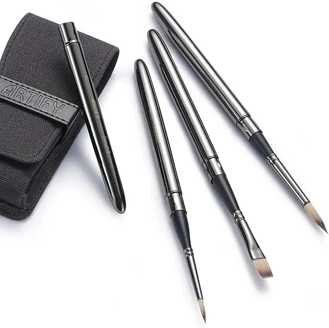 Artify 4 PCS Travel Watercolor Brushes, Outdoor Paint Brushes, Water Color Paint Brush Set with Anti-Rust Polished Metallic Gray Finish, Painting Brushes for Watercolor Gouache Ink - Gift for Artist