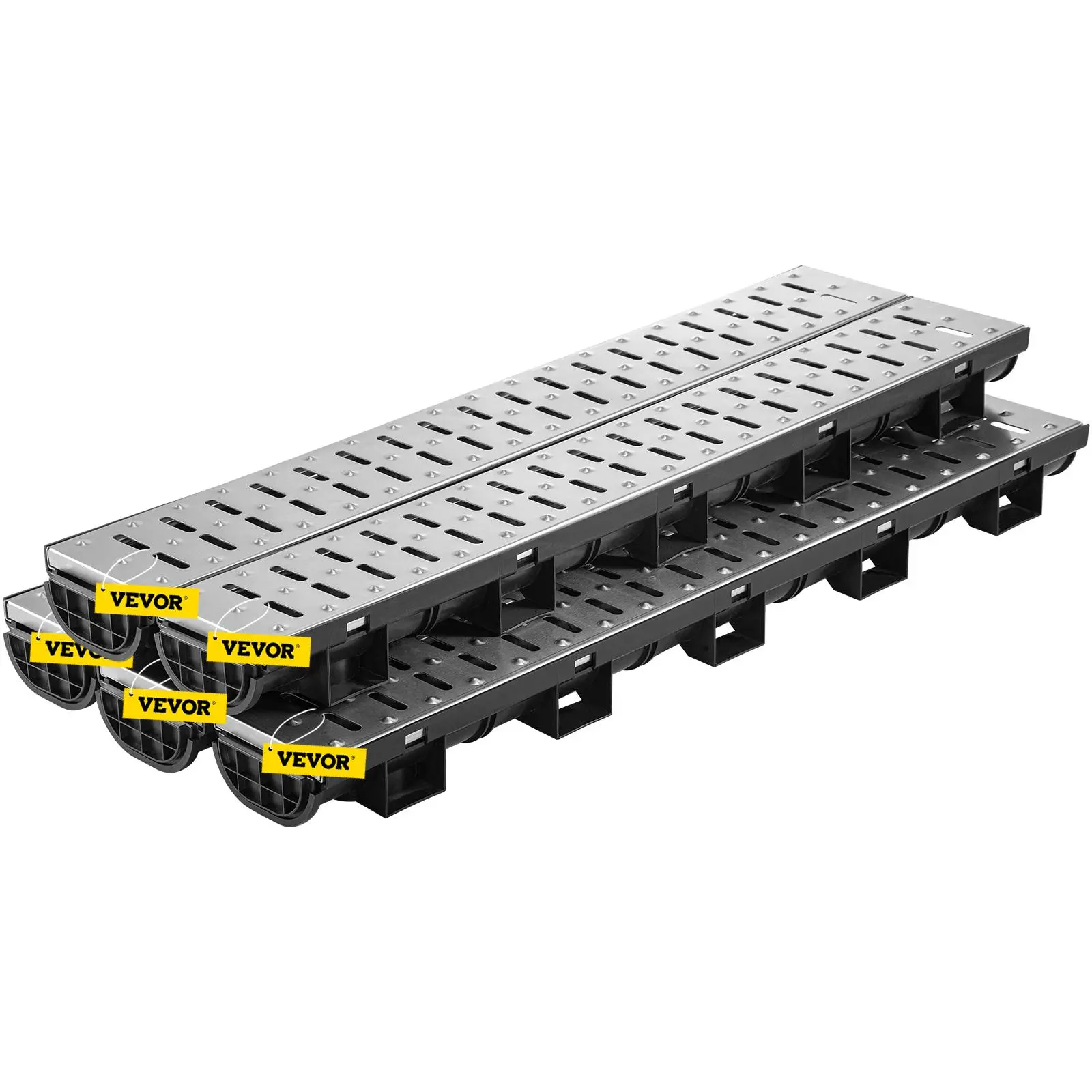 【Summerfinds】VEVOR Trench Drain System, Channel Drain with Metal Grate, 5.7x3.1-Inch HDPE Drainage Trench, Black Plastic Garage Floor Drain, 5x39 Trench Drain Grate, with 5 End Caps, for Garden, Driveway-5 Pack