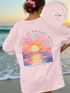 Meghana Women Summer Sunset Print Beach Short Sleeve Crew Neck T-Shirt, Resort Wear