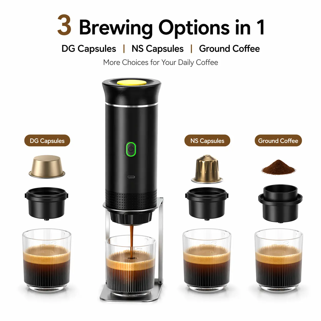 20Bar Pressurized Portable Espresso Coffee Maker - USB-C Rechargeable Mini Easy-to-Use Machine, Compatible with Ground Coffee & Nes/DG Capsules, Battery-Powered Travel Brewer for Camping, Office, Car, Portable Coffee Machines