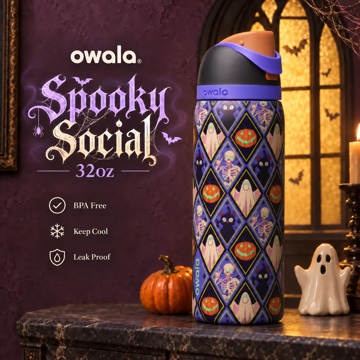 Target Halloween Owala 32 fl oz FreeSip Insulated Stainless Steel Water Bottle, Spooky Social Limited Edition