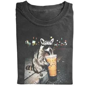 Raccoon Iced Coffee Shirt, Funny Animal Graphic Vintage Tee Apparel Gift For Men & Women, Crew Neck Tee